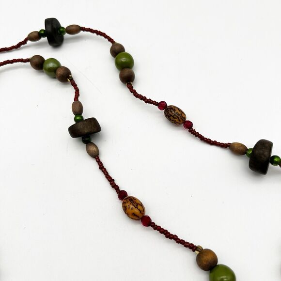 Multi Colored Wood Round Seed Bead Natural Nut Ethnic Long Necklace 58” - Picture 8 of 8